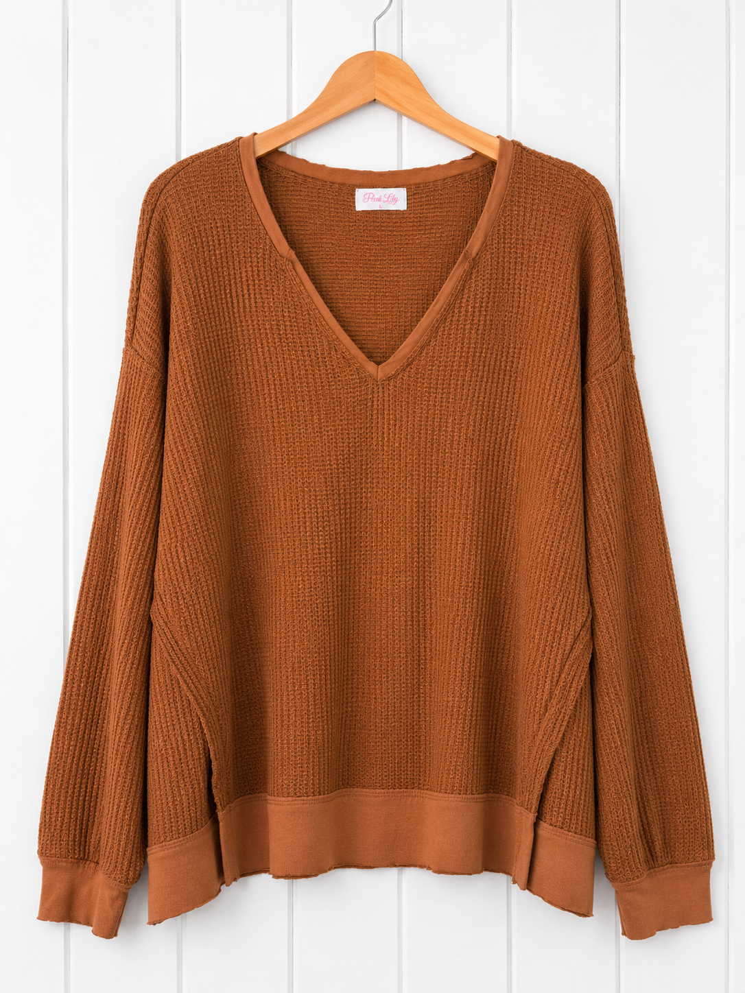 Pink Lily Waffle Knit V-Neck Pullover - Small