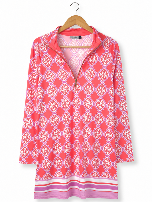 Cabana Coral & Lavender Quarter Zip Tunic Dress - Medium