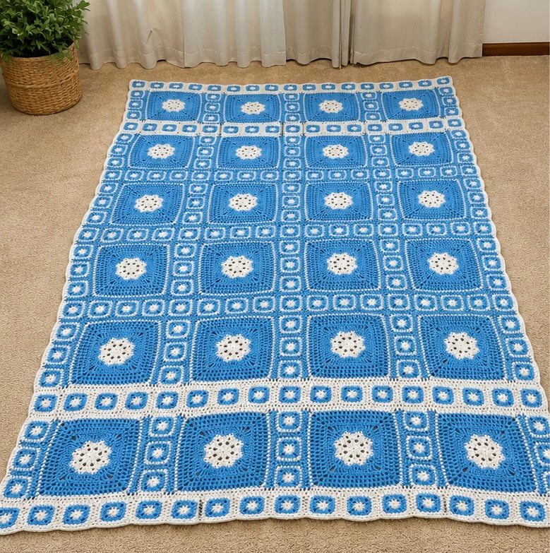 Vintage Hand-Crocheted Afghan Blanket – Blue & White
