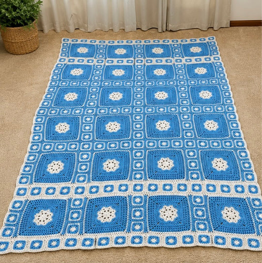 Vintage Hand-Crocheted Afghan Blanket – Blue & White