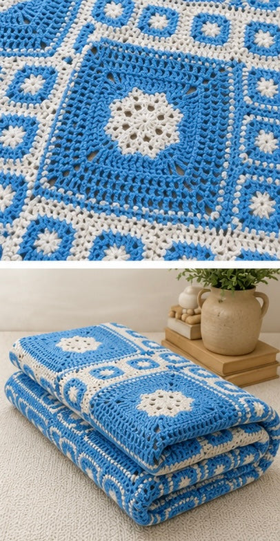 Vintage Hand-Crocheted Afghan Blanket – Blue & White