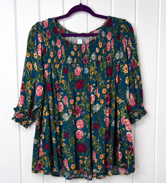 Terra & Sky Floral Smocked Babydoll Top – Size 2XL
