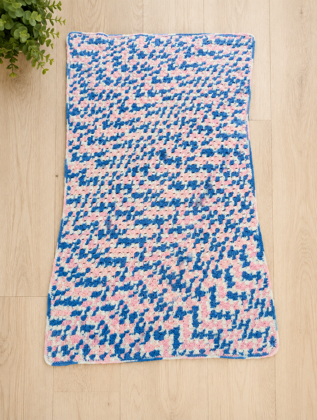 Vintage Hand-Crocheted Afghan Blanket – Pink, Blue & White