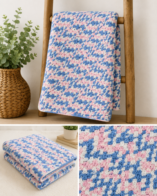 Vintage Hand-Crocheted Afghan Blanket – Pink, Blue & White