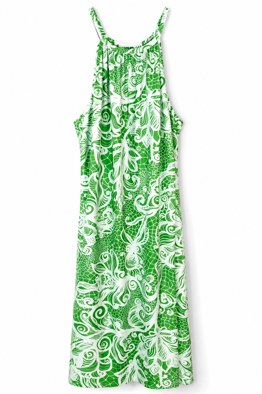 Green & White Printed Halter Dress -1XL